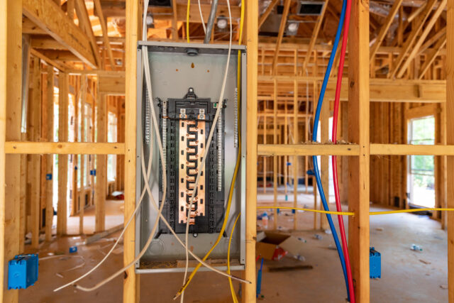 Electrical panel with wires in a wooden framework of a house under construction.