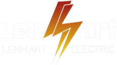 Logo for Lenhart Electric, featuring stylized orange and yellow lightning bolt integrated into the text.